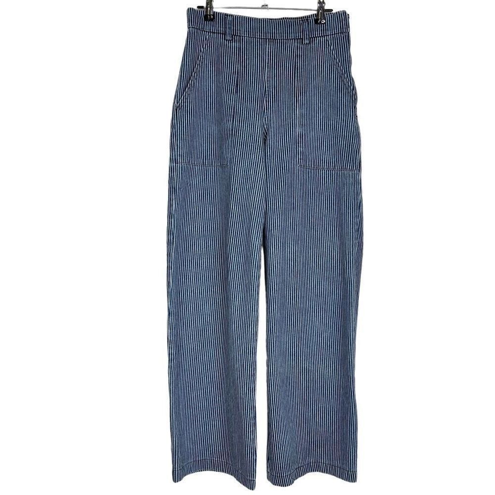 Loup Simone Hi-Rise Wide Leg Pinstripe Jeans Size XS Modern Preppy Blue White‎